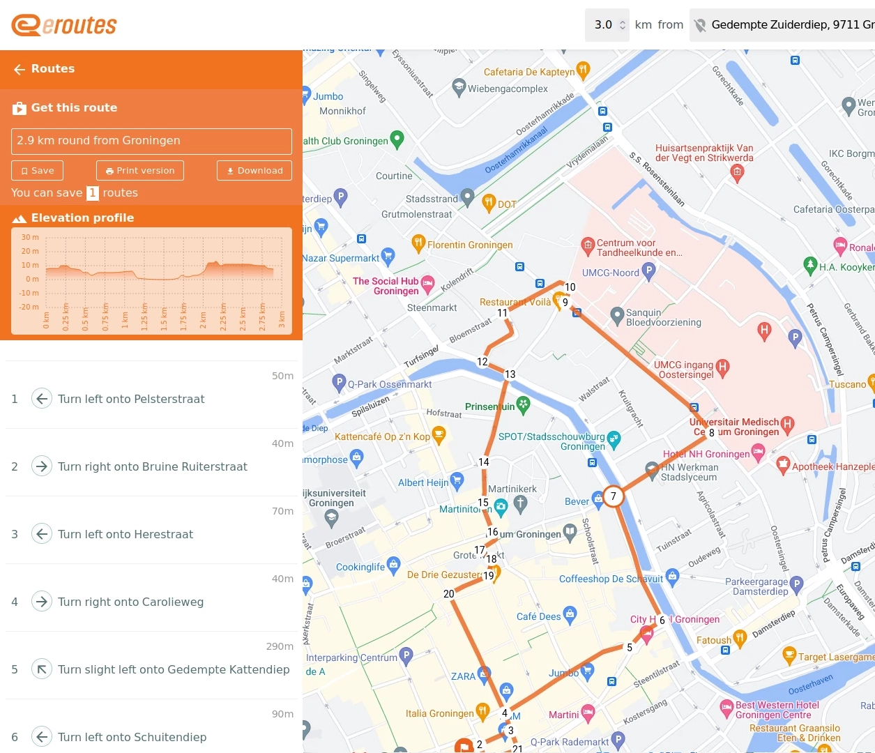 The selected route plotted on a map, detailed instructions and elevation details in the sidebar.